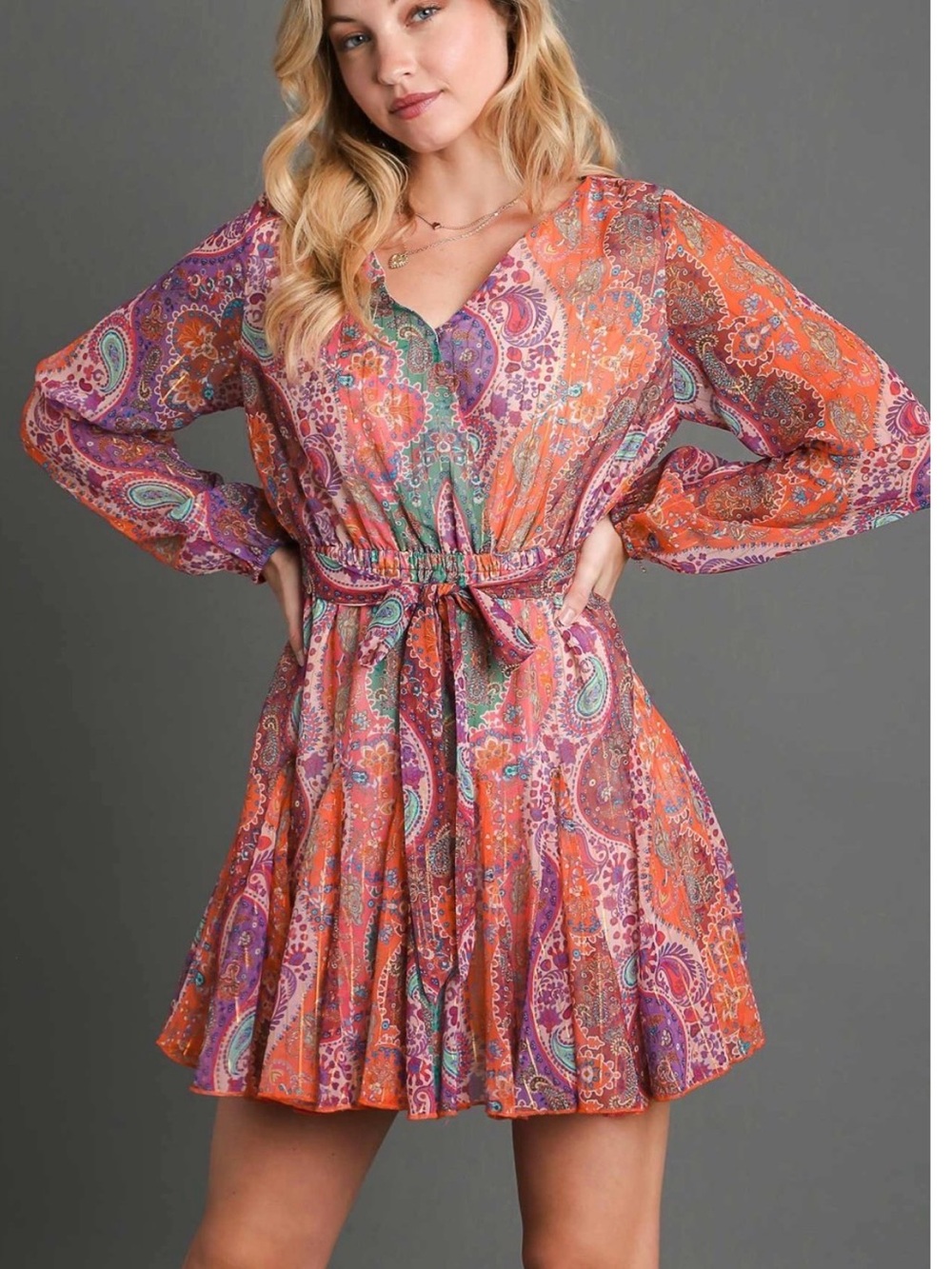 UMGEE Paisley Print Long-Sleeve Tie-Waist Mini Dress - Orange/Purple